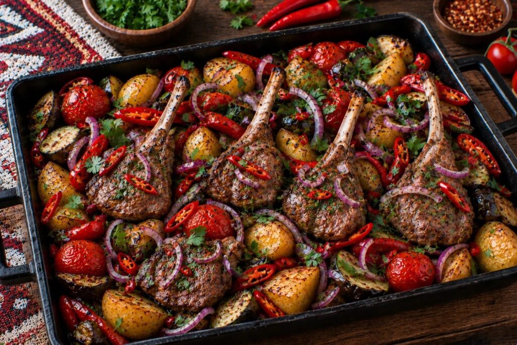 Баранина с овощами, запеченная в печи